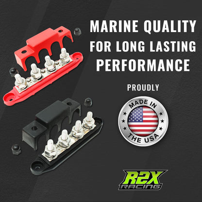 4 Post Power Distribution Block Bus Bar with Cover - Made in the USA - 250 Amp Rating - Marine, Automotive, and Solar Wiring - Set of 2 (5/16")